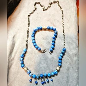 Lapis Lazule Beaded Necklace And Bracelet Matching Handmade With Silver Findings